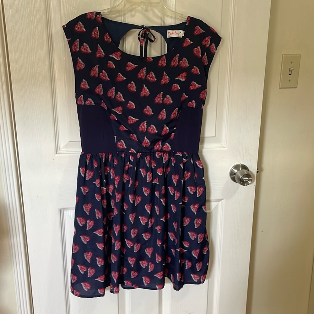 Dark blue with red hearts retro dress size medium with side zipper